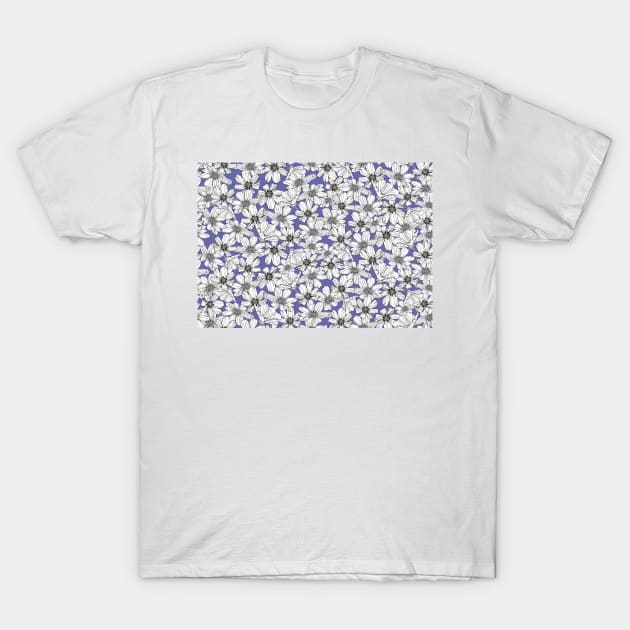 White Cosmos flowers on Very peri blue T-Shirt by Artbyruthandco